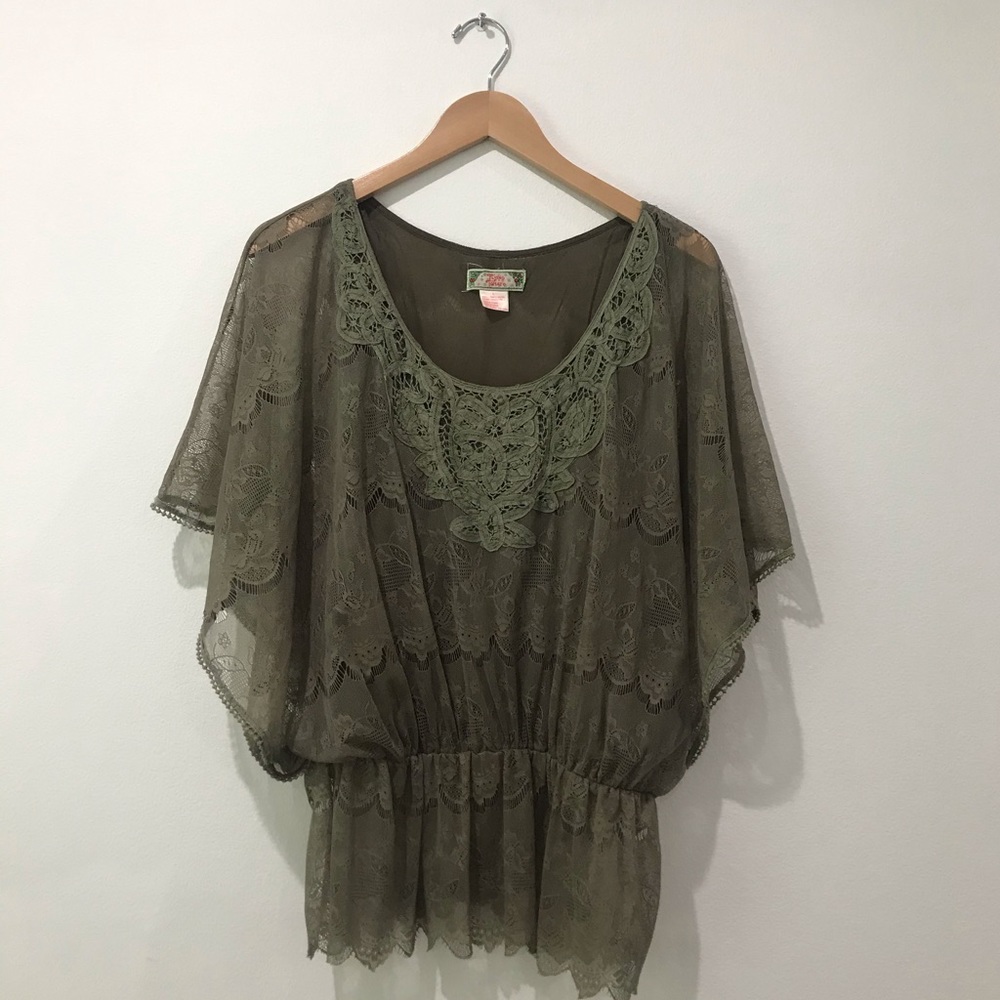 Flying Tomato olive green embroidered blouse large